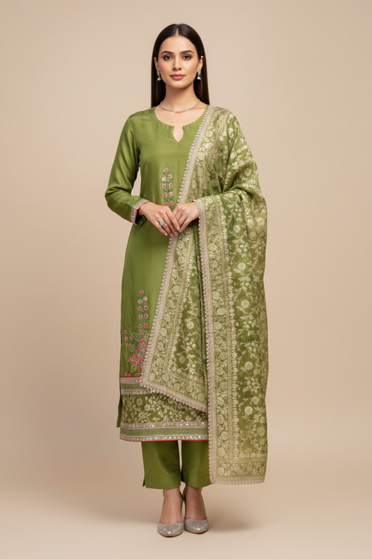 Mehndi Crepe Tissue Unstitched Salwar Suit With Tissue Dupatta