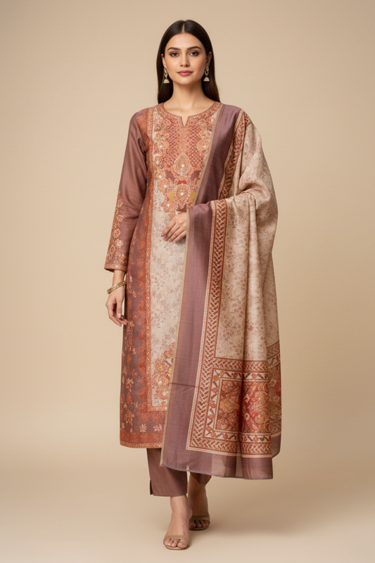 Brown Cotton Unstitched Salwar Suit With Cotton Dupatta