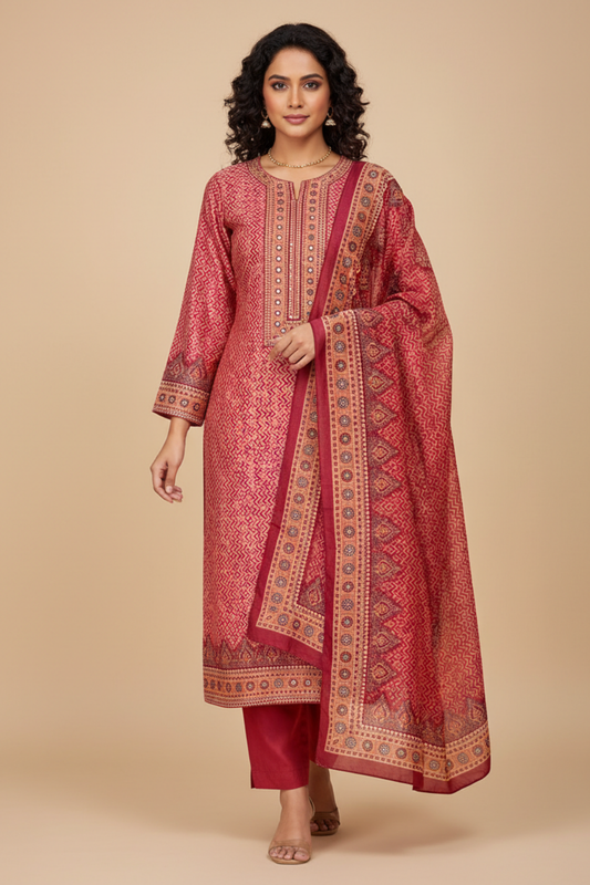 Maroon Cotton Unstitched Salwar Suit With Cotton Dupatta