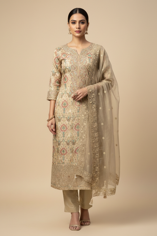 Tussar Tissue Unstitched Salwar Suit With Tissue Dupatta