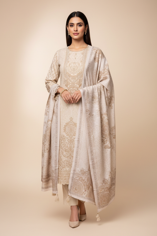 Off White Pashmina Unstitched Salwar Suit With Pashmina Dupatta