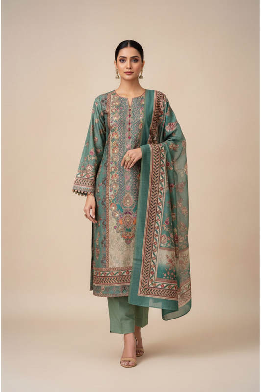 Mint Green Cotton Unstitched Salwar Suit With Cotton Dupatta