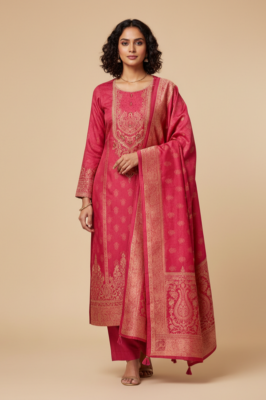 Maroon Pashmina Unstitched Salwar Suit With Pashmina Dupatta
