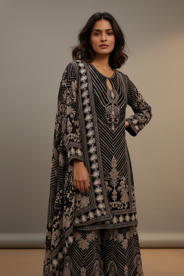 Black Crepe Readymade Suit And Sharara With Crepe Dupatta