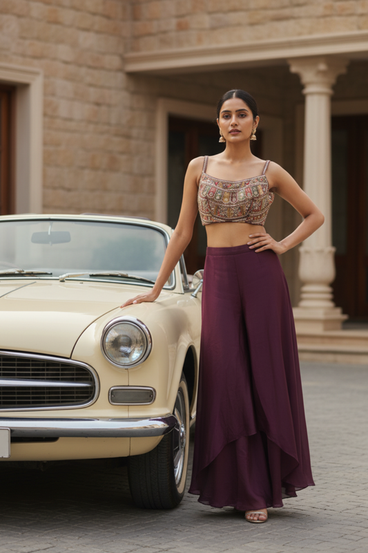 Wine Organza Readymade Short Top Sharara Set With Shrug