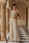 Cream Shimmer Tissue Readymade Suit & Palazzo Pants With Jacket