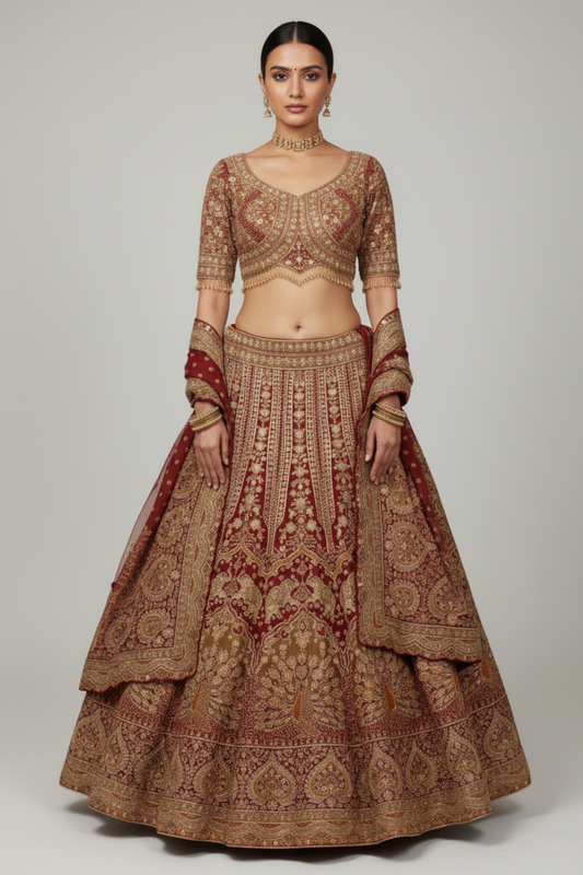 Maroon Chinon Lehenga Set And Chinon Dupatta With Readymade Blouse