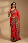 Red Georgette Embroidered Saree With Unstitched Blouse