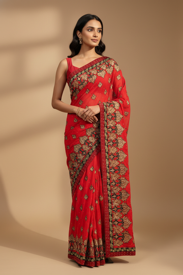 Red Georgette Embroidered Saree With Unstitched Blouse