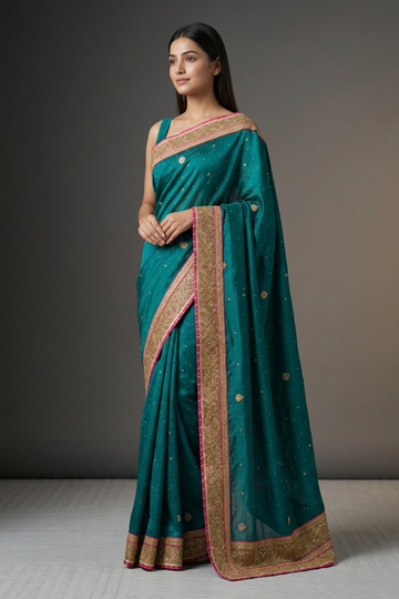 Rama Tussar Embroidered Saree With Unstitched Blouse