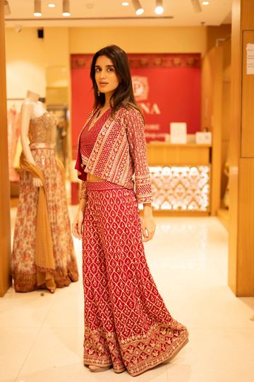 Maroon Georgette Readymade Sharara Set With Jacket