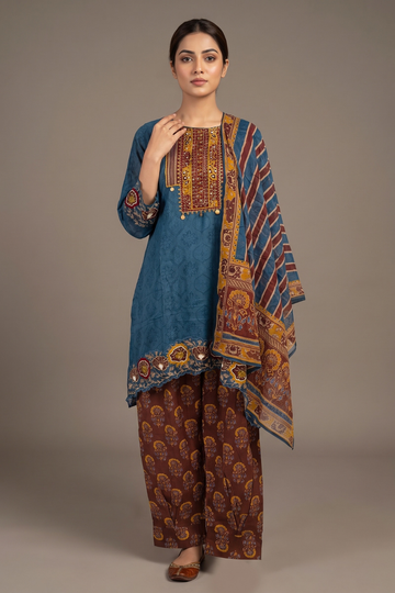 Midnight Blue Cotton Readymade Suit And Plazzo with Cotton Dupatta