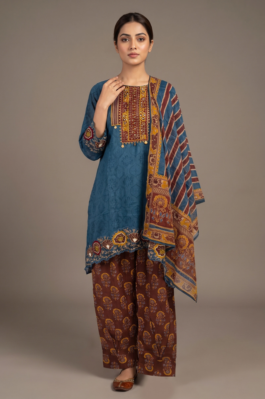 Midnight Blue Cotton Readymade Suit And Plazzo with Cotton Dupatta