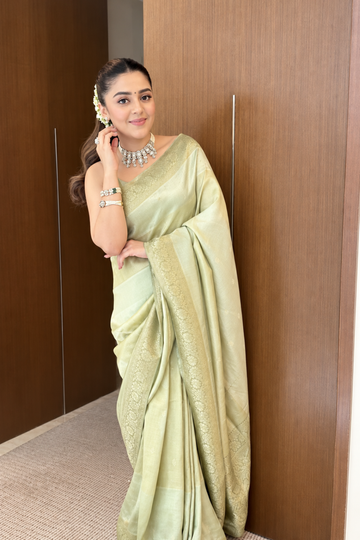 Pista Khaddi Georgette Saree With Unstitched Blouse (Ft:-Isha Multani)