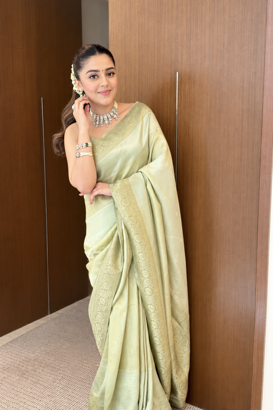 Pista Khaddi Georgette Saree With Unstitched Blouse (Ft:-Isha Multani)