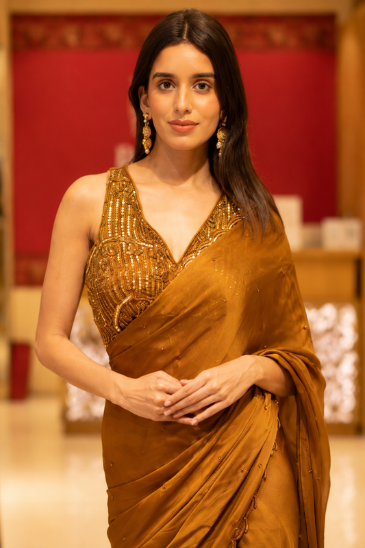Mustard satin Pre-Draped Designer Saree With Readymade Blouse