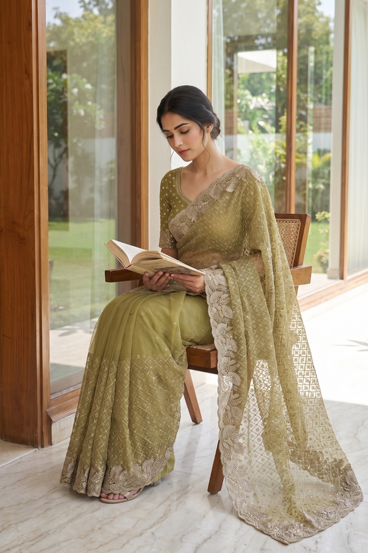 Mehndi Net Saree With Unstitched Blouse