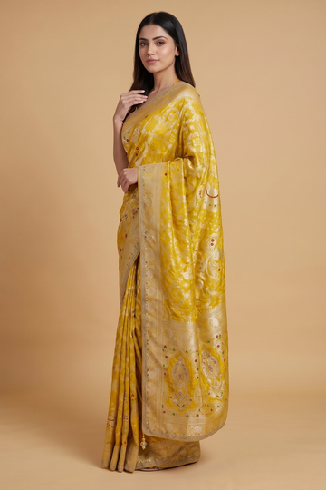 Mustard Loom Saree With Unstitched Blouse