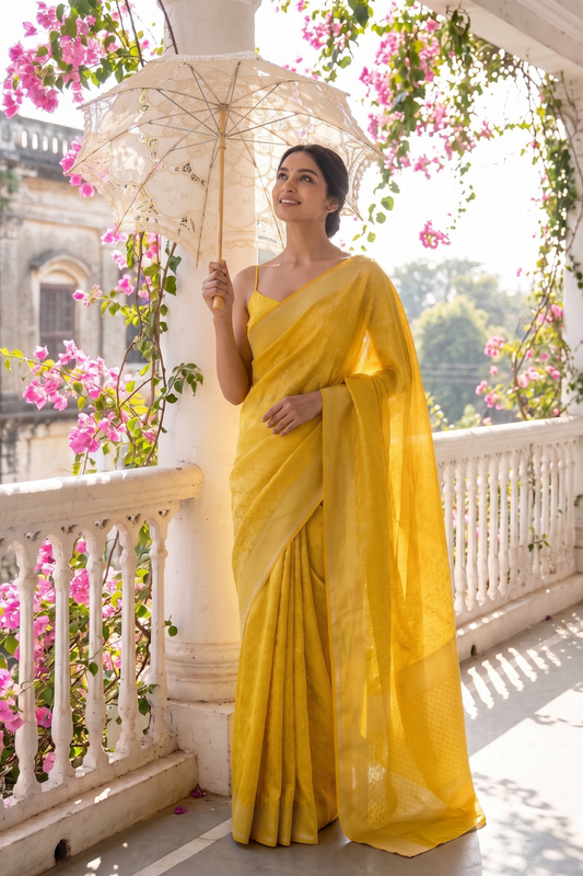 Mango Gold Pista Georgette Saree With Unstitched Blouse