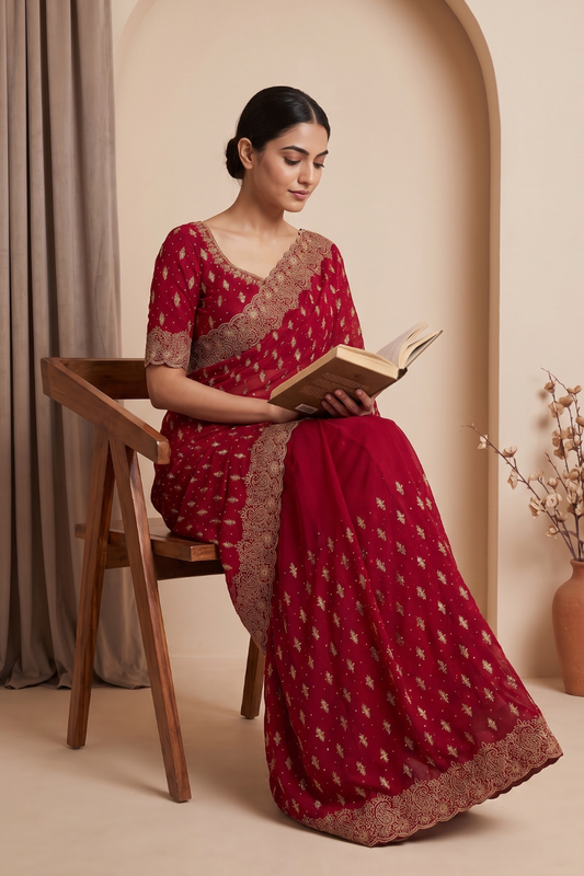 Red Soft Twill Saree With Unstitched Blouse