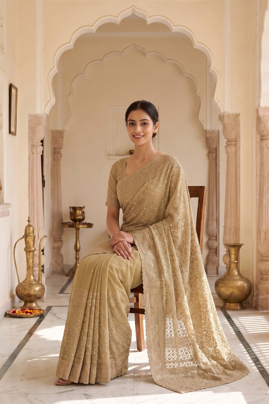 Mehndi Net Embroidered Saree With Unstitched Blouse
