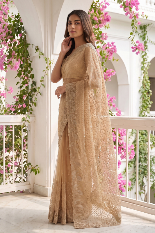 Mustard Net Saree With Unstitched Blouse