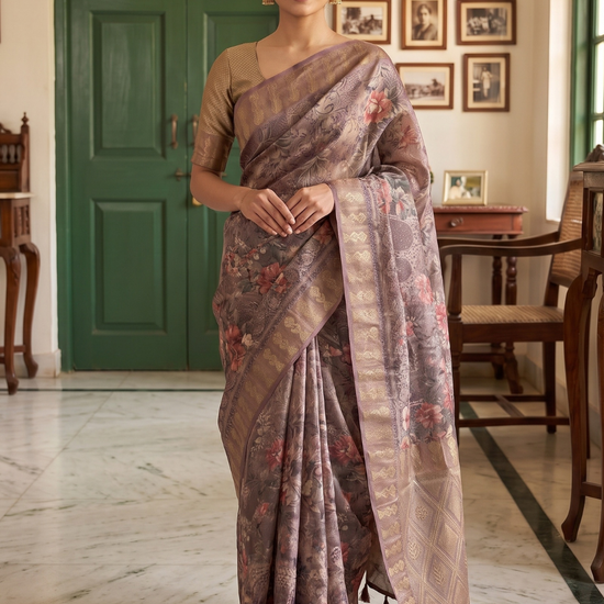Metallic Mauve Organza Floral Printed Saree - Hero