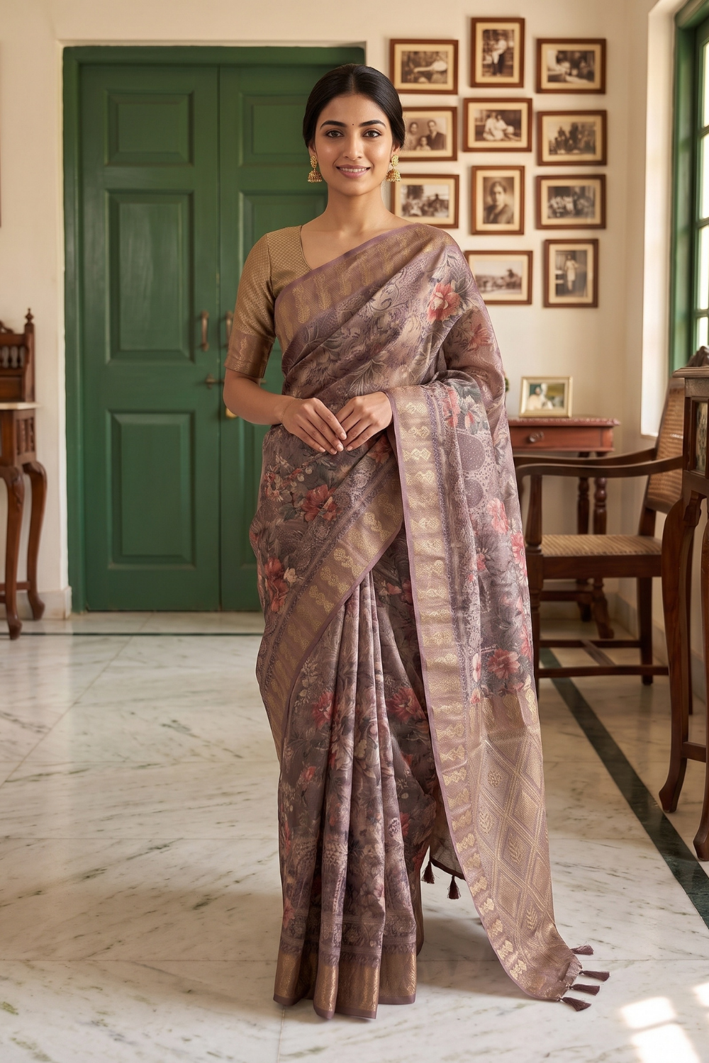 Metallic Mauve Organza Floral Printed Saree - Hero