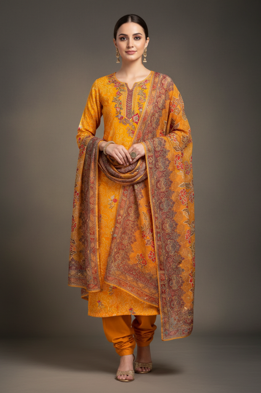 Mustard Crepe Unstitched Salwar Suit With Crepe Dupatta