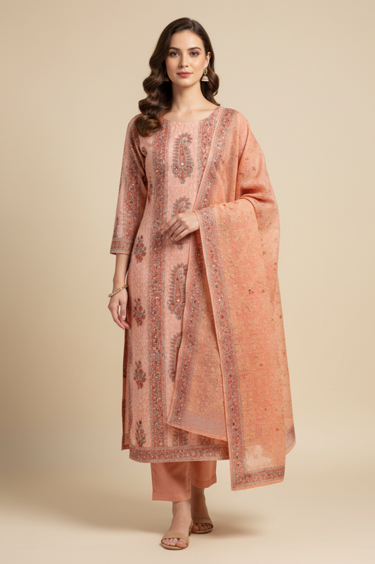Peach Cotton Unstitched Salwar Suit With Cotton Dupatta