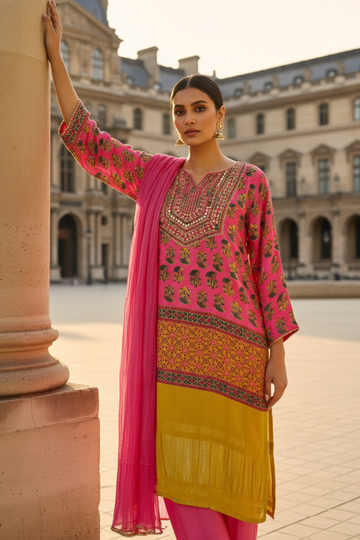 Timeless Elegance Rani Gajji Satin Readymade Suit And Pant With Chinon Dupatta