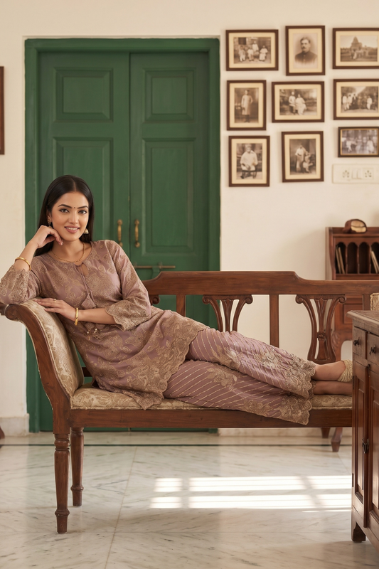 Rose Shimmer Gajari Shimmer Readymade Kurta And Pant Set With Tissue Dupatta