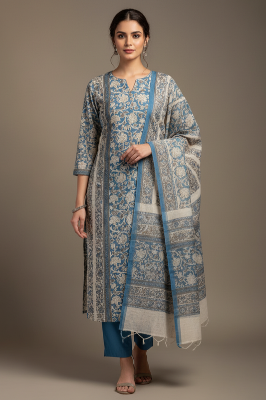 Tussar Grey Cotton Unstitched Salwar Suit With Cotton Dupatta