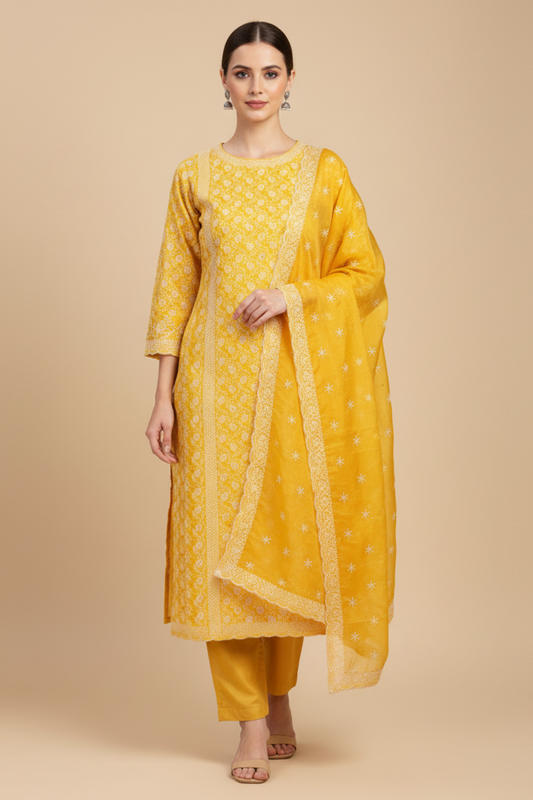 Mustard Organza Unstitched Salwar Suit With Organza Dupatta