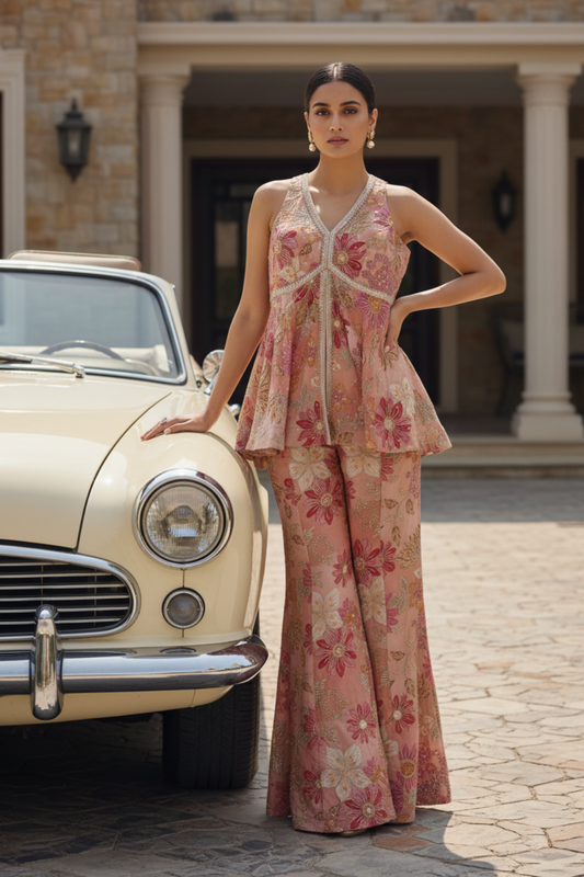 Peach Crepe Readymade Sharara Set With Net Dupatta