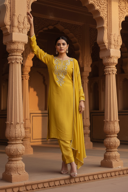 Sunshine Charm Mustard Crepe Readymade Suit And Plazzo With Chinon Dupatta