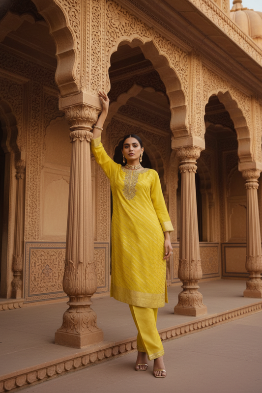 Shine Bright In Mango Gold Georgette Readymade Suit And Pant With Georgette Dupatta