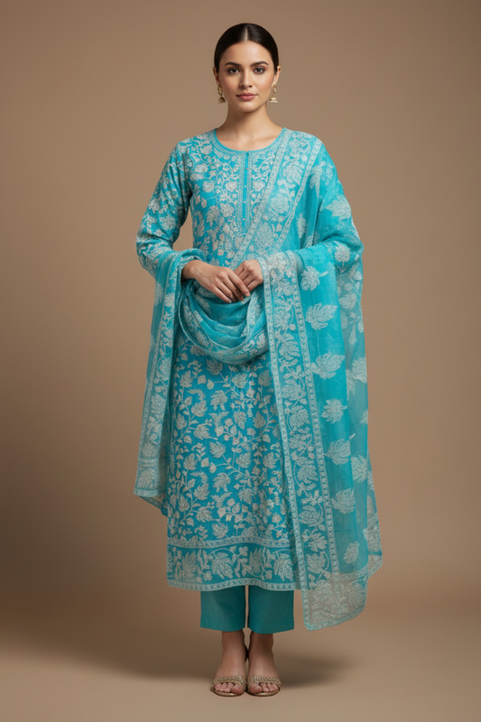 Firozi Georgette Unstitched Salwar Suit With Georgette Dupatta