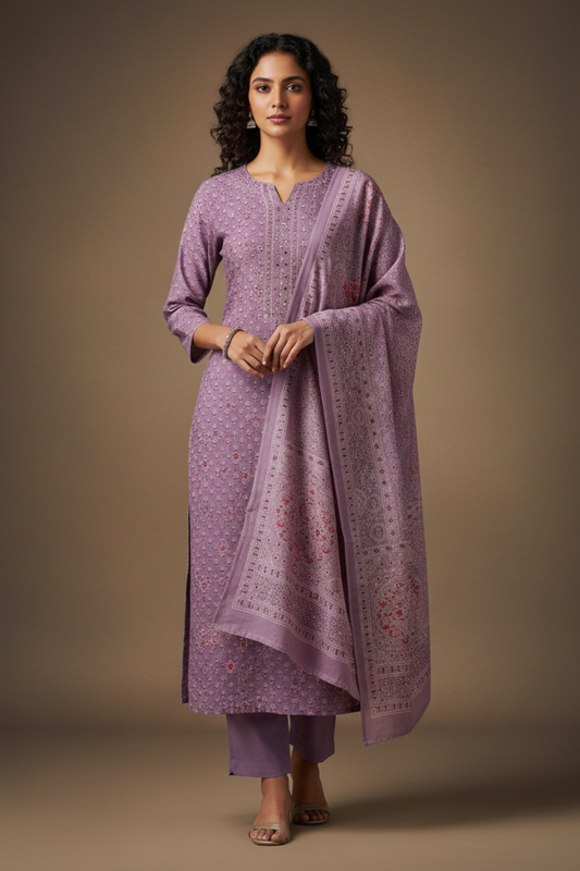 Mauve Cotton Unstitched Salwar Suit With Cotton Dupatta