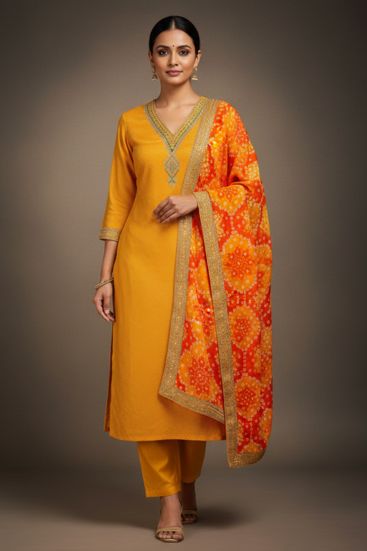 Mango Gold Chanderi Cotton Unstitched Salwar Suit With Chinon Dupatta