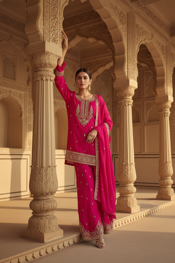Grace Redefined Red Cotton Readymade Sharara Set With Chinon Dupatta