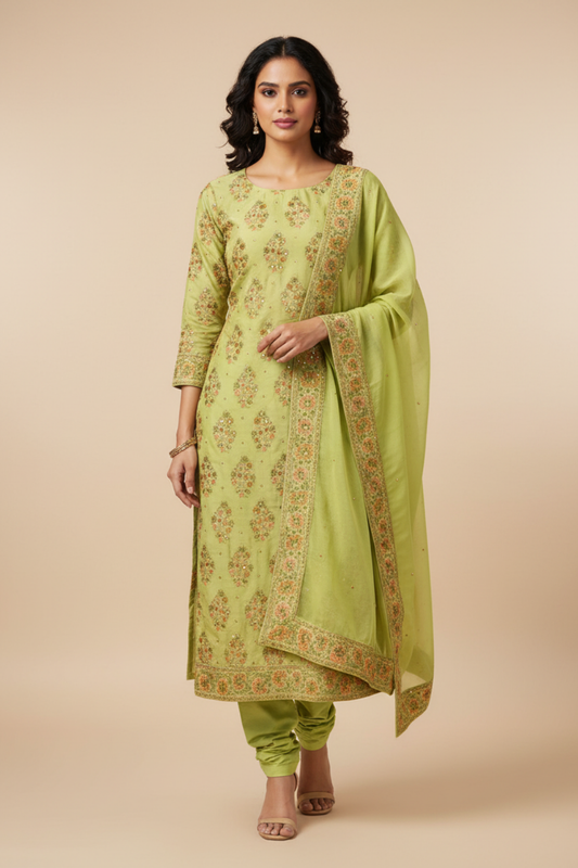 Mehndi Crepe Unstitched Salwar Suit With Chiffon Dupatta