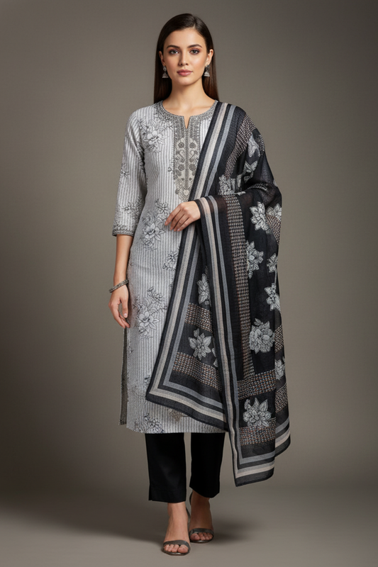 Off White Black Cotton Unstitched Salwar Suit With Cotton Dupatta