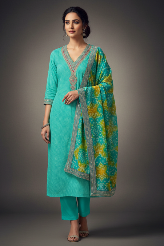 Tea Green Chanderi Cotton Unstitched Salwar Suit With Chinon Dupatta