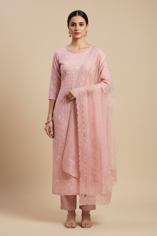 Peach Chanderi Cotton Unstitched Salwar Suit With Cotton Dupatta