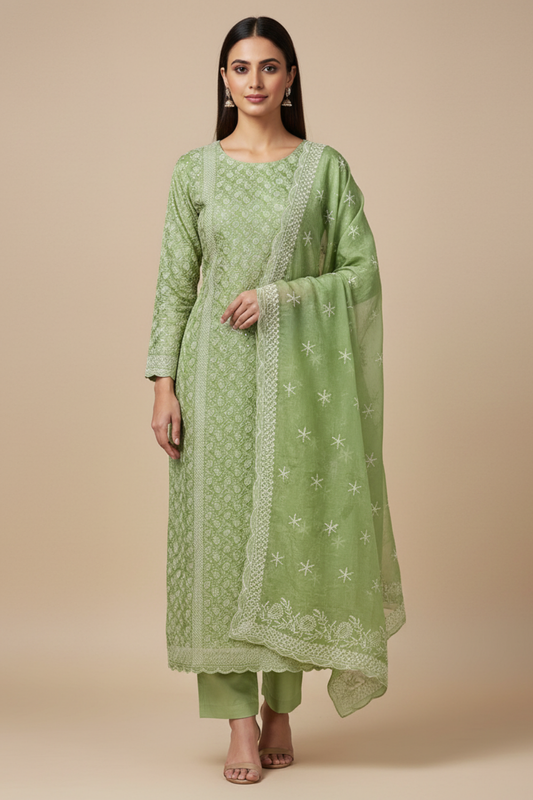 Pista Organza Unstitched Salwar Suit With Organza Dupatta