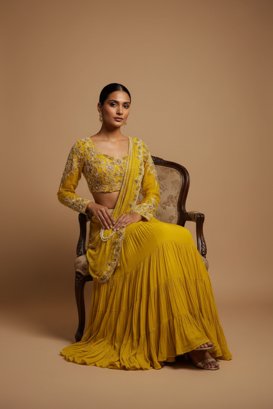 Mustard Chinon Lehenga Set And Net Dupatta With Readymade Blouse