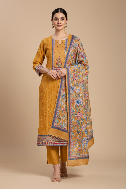 Mustard Georgette Unstitched Salwar Suit With Chinon Dupatta