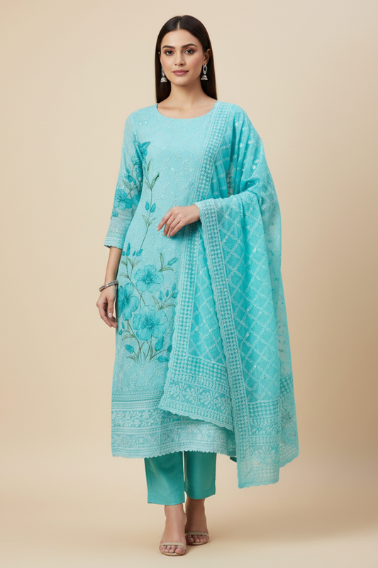 Sea Green Georgette Unstitched Salwar Suit With Georgette Dupatta