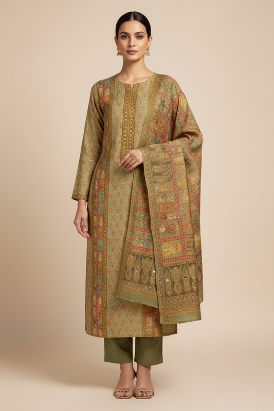 Pista Chiffon Unstitched Salwar Suit With Chiffon Dupatta